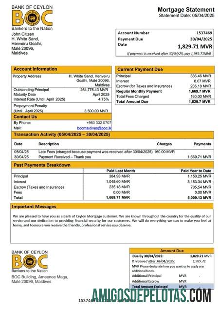 em branco Modelo Word e PDF de extrato de hipoteca do Banco do Ceilão das Maldivas